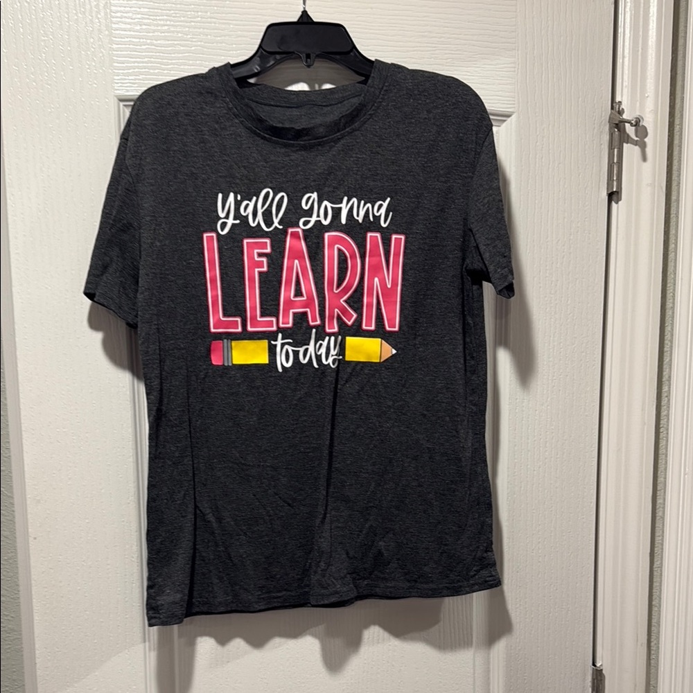Gray Graphic Teacher Tee with Pink and Yellow Design
